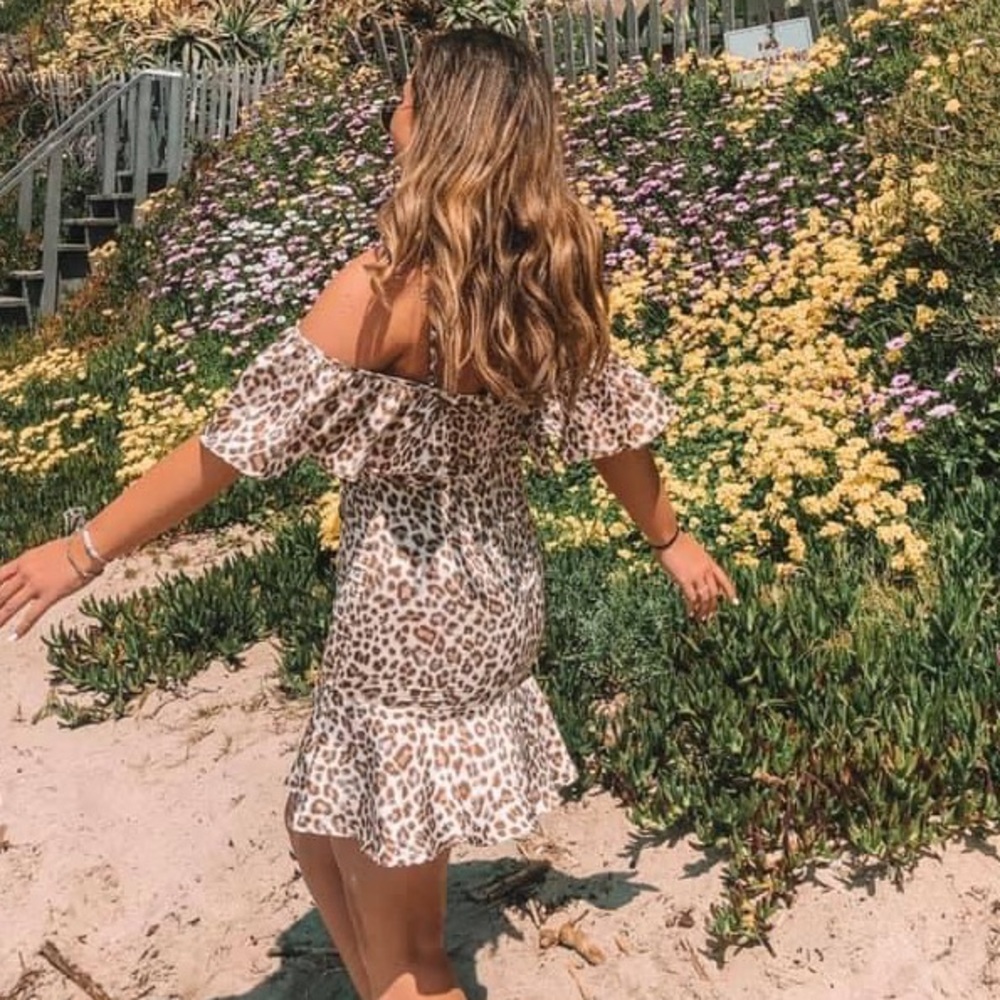 Vici-  satin off the shoulder leopard dress